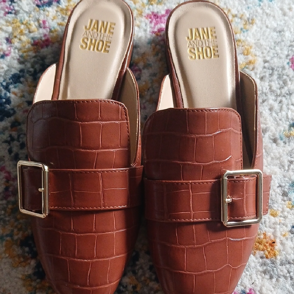 Brown Croc-Embossed Leather Mules with Gold Buckles by